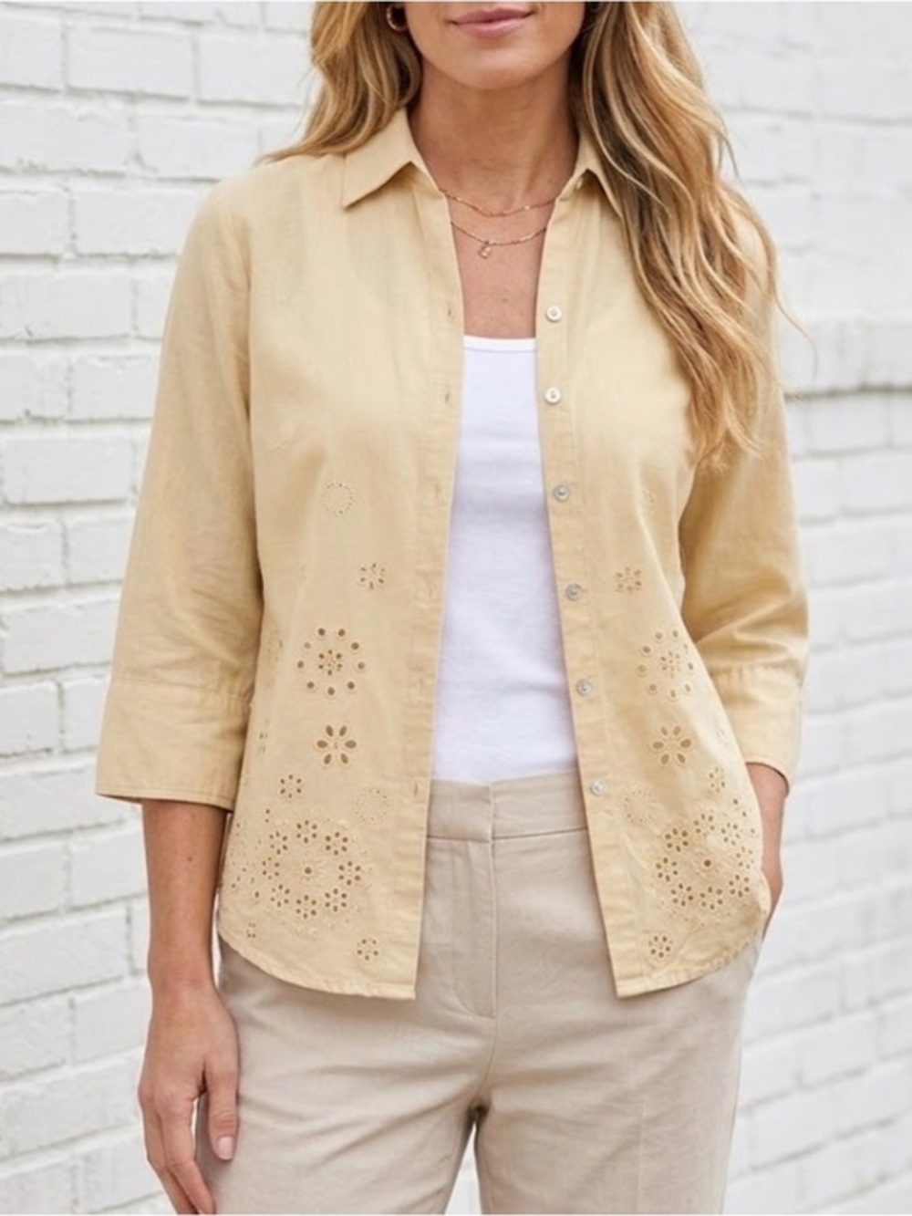 Beautiful Jennifer Eden Flower Eyelet Blouse Top 3/4 Sleeve Fall 12 Large